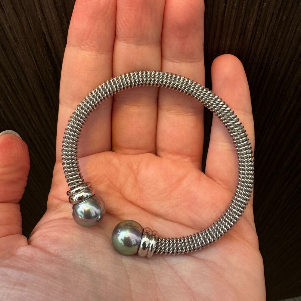 Majorica Women's Stainless Steel Rhodium Plated Bangle Bracelet Organic Pearl - Picture 3 of 8